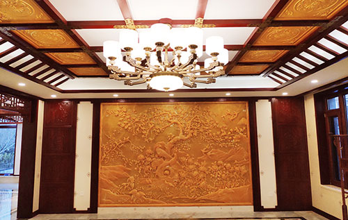 鼓楼中式别墅客厅中式木作横梁吊顶装饰展示